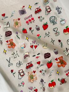 A High-End Romantic Nail Sticker With Relief Laser Technology, Graffiti Hand Drawn Style, Featuring Romantic Roses, Cute Bears, Heart Data And Other Hand Drawn Patterns, Suitable For Personal DIY And Nail Phone Decoration