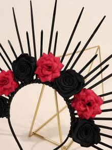 1 pièce Serre-tête noir et rouge à fleurs pour femmes, serre-têtee pour le festival d'Halloween, bandeau pour cheveux - Multicolore - Voir 3