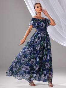 Women's Random Floral Print Dress, Minimalist Daily Wear, Off Shoulder Short Sleeve Maxi Dress With Waist Drawstring Detail, Elegant & Soft Suitable For Vacation, Daily Occasions, Summer - Blue - View 8