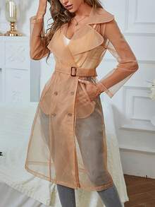 ChicMe Sheer Mesh Long Windbreaker - Women's Transparent Tie-Front Jacket, Creating Fashionable Street Style And Layered Urban Travel Looks - Apricot - View 5