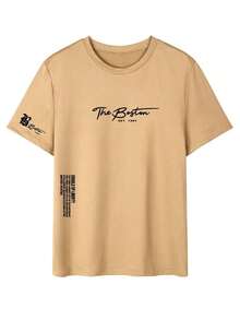 1PCSMen's Summer Casual Slogan Print Short Sleeve T-Shirt-Premium Cotton Graphic Printed Round Neck T-Shirts-365T - 棕色 - 查看 2