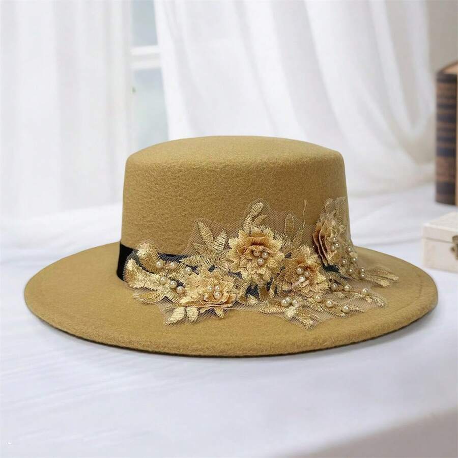 Womens Fedora Hat Stylish Elegant Decorative Flower Panama Hat Wide Flat Brim Jazz Cap - 卡其色 - 查看 1