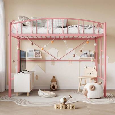 Loft Bed Twin Size With Ladde And Arched Guardrail, Heavy Duty Metal Loft Bed Frame For Kids And Adults, Sturdy Steel Slats Support