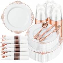 175 piezas de platos de plástico blancos y dorados - Elegante juego de vajilla desechable adecuado para 25 invitados, incluye platos de cena de 10.25 y platos de postre de.5, cubiertos, servilletas y vasos para fiestas y Acción de Gracias - Oro blanco y rosa - Ver 2