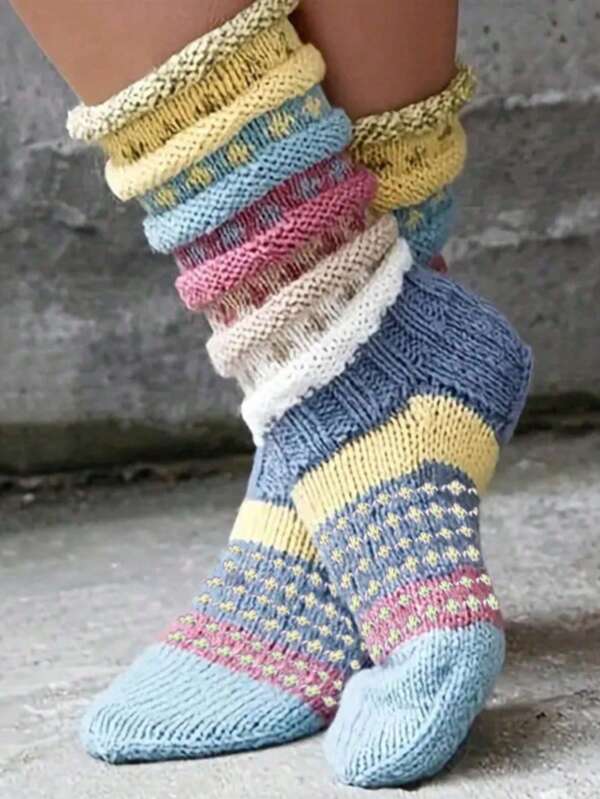 1 Pair Jacquard Knit Knitted Socks, Colorful Striped Leg Warmers For Women, Winter