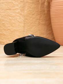 Women's New Black Ankle Boots, Autumn/Winter Fashion Pointed Toe Chunky Heel Rhinestone Square Buckle Commuter Fashion Boots - Black - View 10