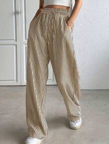 Wide Leg Striped Elastic Palazzo Pants With Pockets - Coffee Brown - View 1