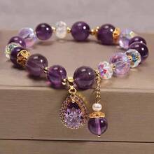 1 Piece Of Natural Vintage Bohemian Healing Amethyst Bead Elastic Bracelet Suitable For Daily Wear, Bridal Wedding Holiday Jewelry Gift