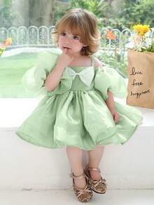 Baby Girls 0-3 Years Old Mint Green Puff Sleeve Bow Tie Elegant Dress, Princess Dress Suitable For 1 Year Old Birthday Party, Wedding Flower Girl, Holiday Celebration - Mint Green - View 5
