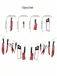 12件套万圣节派对装饰血腥横幅，万圣节花环横幅，恐怖花环装饰，逼真的红白血迹飞溅设计，配有黑色手柄的刀、锯、剪刀和匕首，非常适合恐怖电影主题生日派对 - 彩色 - 查看 11