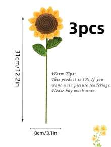 3 pièces Tournesol tricoté artificiel crocheté avec tige, décoration de bouquet de tournesols fait main, décoration de table, cadeau