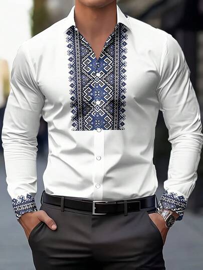 Fashionable Minimalist Men's Long Sleeve Print Turndown Collar Shirt, Suitable For Dates, Formal Occasions, And Everyday Wear