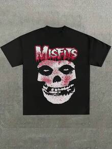 Misfits Band Skull Logo Punk Graphic Tee,Comfortable Casual Short Sleeve, 220 Grams Heavyweight Cotton Printed T-Shirt,Halloween - 黑色 - 查看 1
