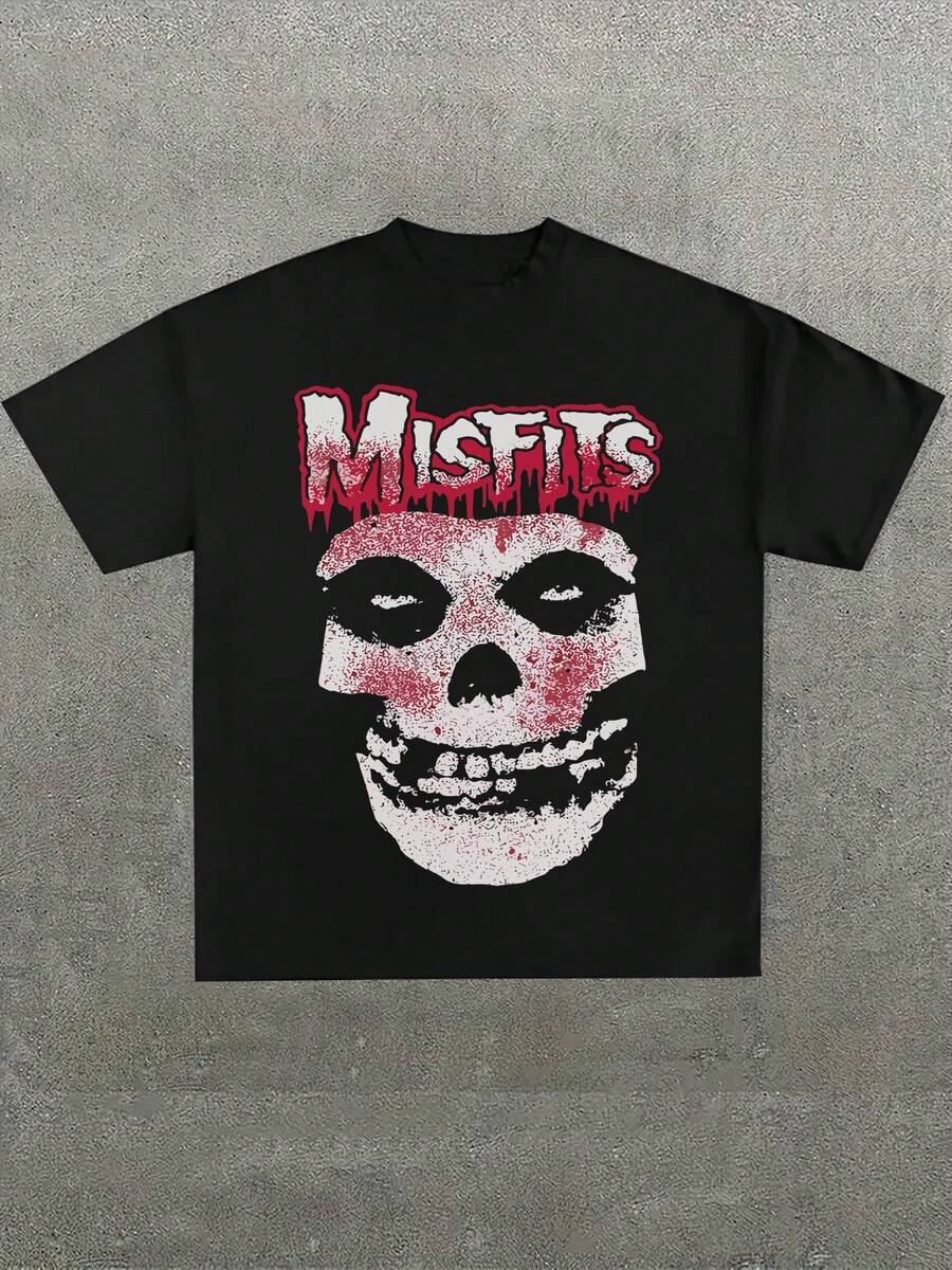 Misfits Band Skull Logo Punk Graphic Tee,Comfortable Casual Short Sleeve, 220 Grams Heavyweight Cotton Printed T-Shirt,Halloween - 黑色 - 查看 1