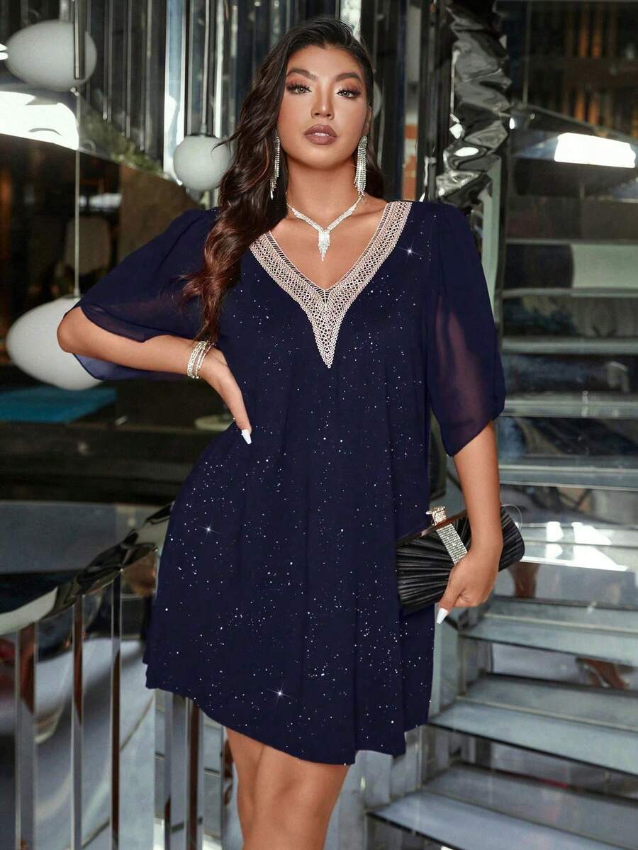 Vestido elegante de talla grande con cuello de contraste y destellos - Azul marino - Ver 1