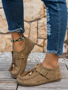 2厘米厚底绒面革女式乐福鞋，复古学院风，百搭，平底，秋季，流苏装饰，卡其色和棕色可选，圆头可爱 - 卡其色 - 查看 10