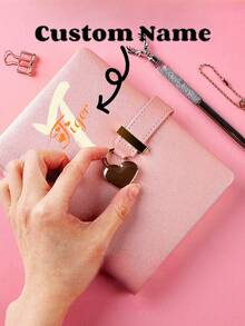 1pc Personalized Creative Customizable Name Or Initial Letter Lock & Key Girls Diary Notebook Gift, New Lovely Heart Keychain Notepad, Simple Classy Gold Foil Business Planner Memo Pad, Cute Leather Journal For Work,School Supplies,Back To School