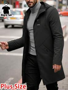 Plus Size Men's Hooded Windbreaker Loose Jacket With Drawstring Casual Outfits Solid Color Mid-Length With Pocket Versatile For Spring/Autumn, Daily Wear, Going Out Outdoor Camping Hiking Coat - Black - View 9