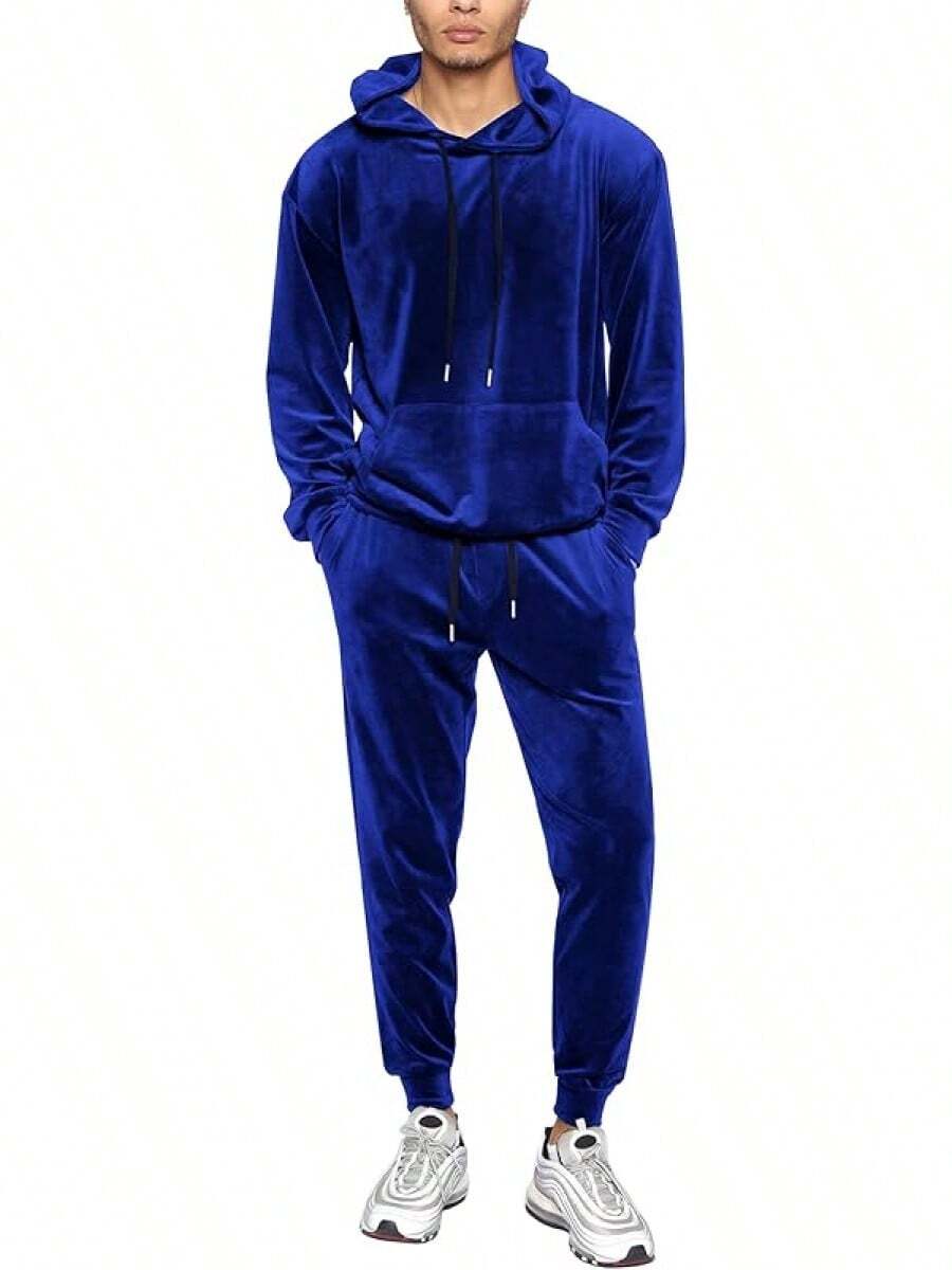 Mens 2 Piece Velour Hoodie Tracksuit Long Sleeve Velvet Hooded Pullover Casual Athletic Jogging Sweatsuit Set-2025 - Xanh đậm - Xem 1