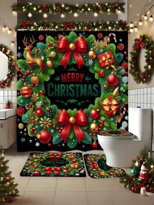 1/3/4 Stücke Weihnachts Duschvorhang Set, Weihnachts Schleife und Geschenk Muster bedruckter Badezimmer Fenster Duschvorhang Set, Badezimmer Set beinhaltet rutschfeste Badematte, U-förmige Toilettenvorleger, Toilettendeckel Abdeckung und Duschvorhang Zubehör, geeignet für Badezimmer Dekoration, Heimdekoration und Duschdekor, Feiertags Geschenk, Feiertags Dekoration, Weihnachtsdekoration