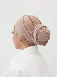 1件装女士经典纯色优雅单层即戴式垂褶头巾，时尚优雅长款垂褶头巾，防滑透气柔软莫代尔针织面料，适合日常瑜伽、运动、户外穿着。