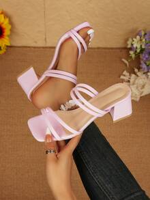 女士休闲时尚欧美风格系带性感简约凉爽优雅舒适百搭厚底高跟凉鞋 - 粉色 - 查看 11