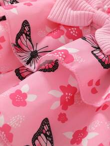 2pcs Set, Casual, Elegant, Sweet, Cute, Baby Girl Dress, Infant Romper, Autumn/Winter Clothing, Soft & Comfortable, Bow Decor, Patchwork Butterfly Print Ruffle, Layered, Dress Romper & Bow Headband
