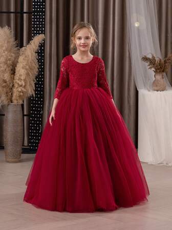 Tween Girl Lace Trim Deep V Back Mesh Princess Dress, Suitable For Birthday Party, Easter, Flower Girl, Wedding, Prom, Holiday Occasions