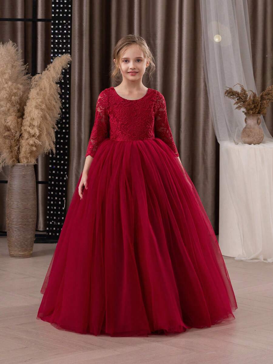 Tween Girl Lace Trim Deep V Back Mesh Princess Dress, Suitable For Birthday Party, Easter, Flower Girl, Wedding, Prom, Holiday Occasions - Burgundy - View 1