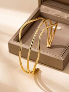 1pc Fashionable Minimalist Versatile Niche Design Asymmetrical Opening Bracelet, Suitable For Women's Daily Wear, Birthday Gift - Yellow Gold - View 5