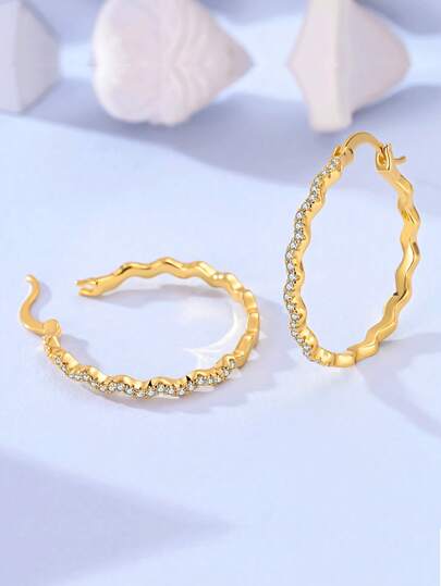 1 par de pendientes de aro de mujer de plata de ley 925 de color dorado con forma asimétrica, de gran tamaño, con brillo ondulado y circonita cúbica, joyería minimalista y elegante, adecuada para uso diario, fiestas y compras