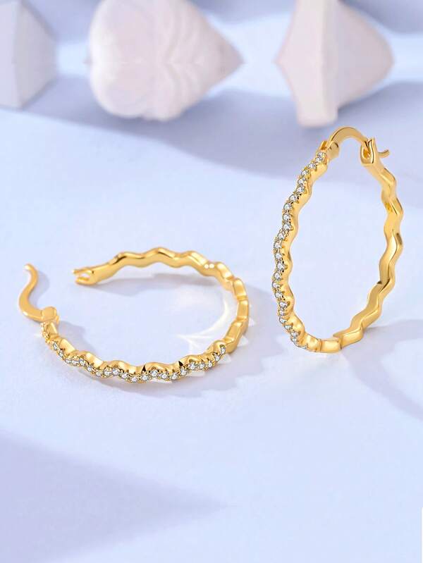 1 Pair Original 925 Sterling Silver Golden Color Asymmetrical Shape Women Hoop Earrings Large Size Wavy Shine Cubic Zirconia Minimalist Elegance Jewelry Gifts Fits Daily Party Shopping Wear