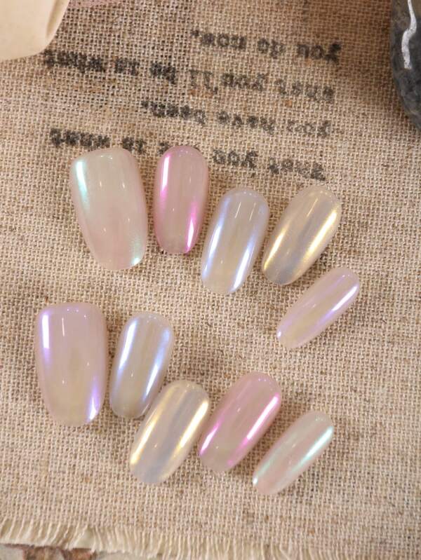 XEERCOOU 10pcs Press On Nails Short Fake Nails Colorful Aurora Cat's Eye Light Color Office DailyWear False Nails Artificial Nails Kit Includes 1sheet Adhesive Tabs &1 Pc Mini File