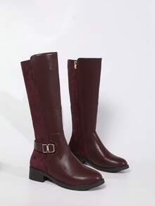 女士新款酒红色仿皮绒面拼接基本款侧拉链设计经典圆头舒适不紧绷高筒修身显腿型保暖内衬秋冬保暖平底时尚马靴/过膝靴，适合秋季、派对等场合 - 酒紅色 - 查看 8