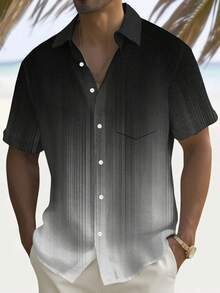 Retro Gradient Stripe 3D Digital Print Button Pocket Plus Size Men Short Sleeve Shirt - Blue - View 1