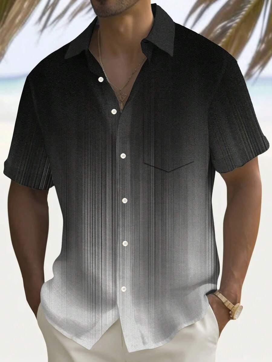 Retro Gradient Stripe 3D Digital Print Button Pocket Plus Size Men Short Sleeve Shirt - Blue - View 1