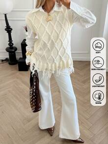 Fall Winter Women's Argyle Sweater Vest, Cozy Knitted Sleeveless Pullover V-Neck Top, Vintage V-Neck Slimming Distressed Fringe Detail Vest, Preppy, Chic Sweater Vest For Women - Multicolor - View 7