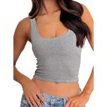 Women Rib Tank Top Padded Workout Top Square Neck Crop Tank Fitted Basic Cami Tops - Heather Grey - View 1