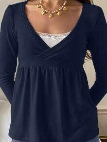 Women Y2K Babydoll Knit Tops Long Sleeve Lace Patchwork Low Cut Peplum Sweater Fairy Vintage 90s Coquette Blouse - 藍色 - 查看 3