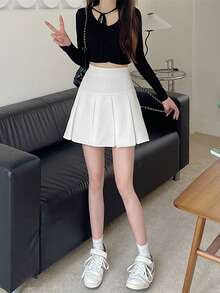 Chân váy ngắn xếp ly màu trơn dành cho nữ, kiểu dáng thường ngày dễ thương, màu trắng, thích hợp mặc vào mùa xuân. - trắng - Xem 4