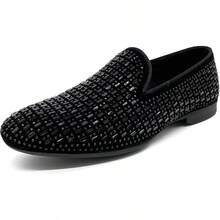 Men's Pointed Toe Rivet Dress Shoes Glitter Modern Metallic Slip On Loafers Plus Size-20256688 - Black01 - View 1