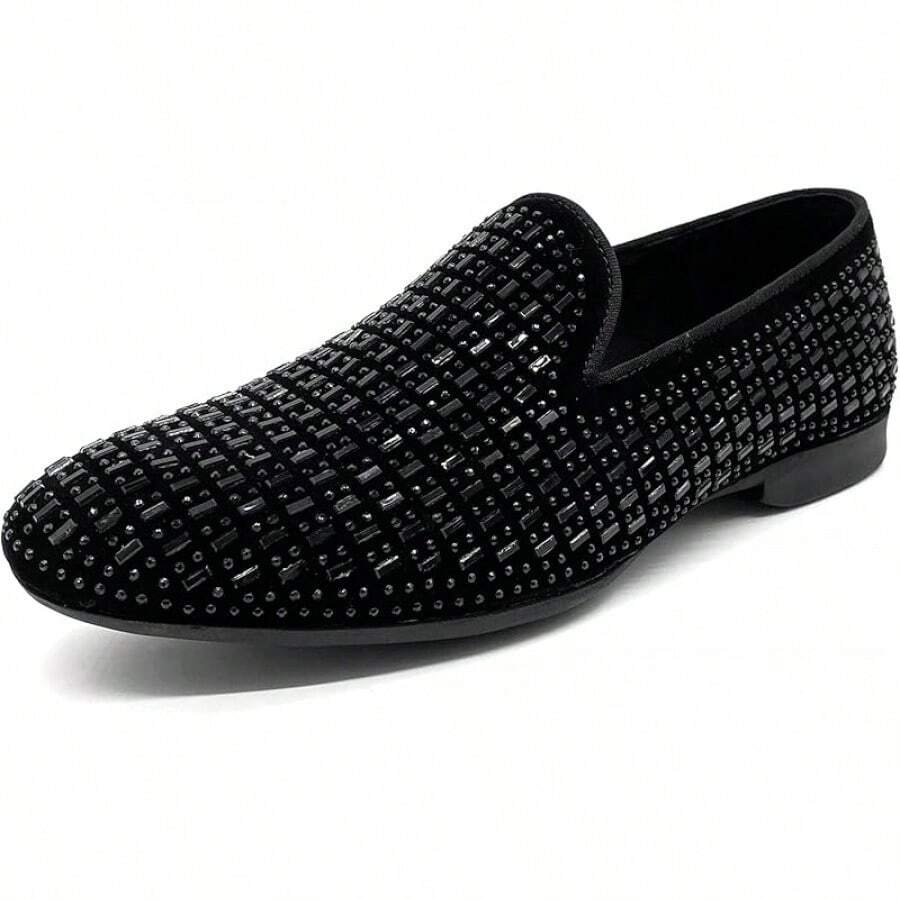 Men's Pointed Toe Rivet Dress Shoes Glitter Modern Metallic Slip On Loafers Plus Size-20256688 - Black01 - View 1