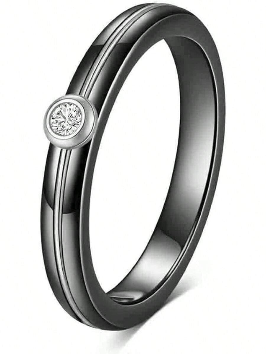 6mm White/Black Ceramic Rings Plus Cubic Zirconia For Women Comfort Fit Engagement Wedding Band Size 5-122025 - 4mm Line Black+Silver - View 1