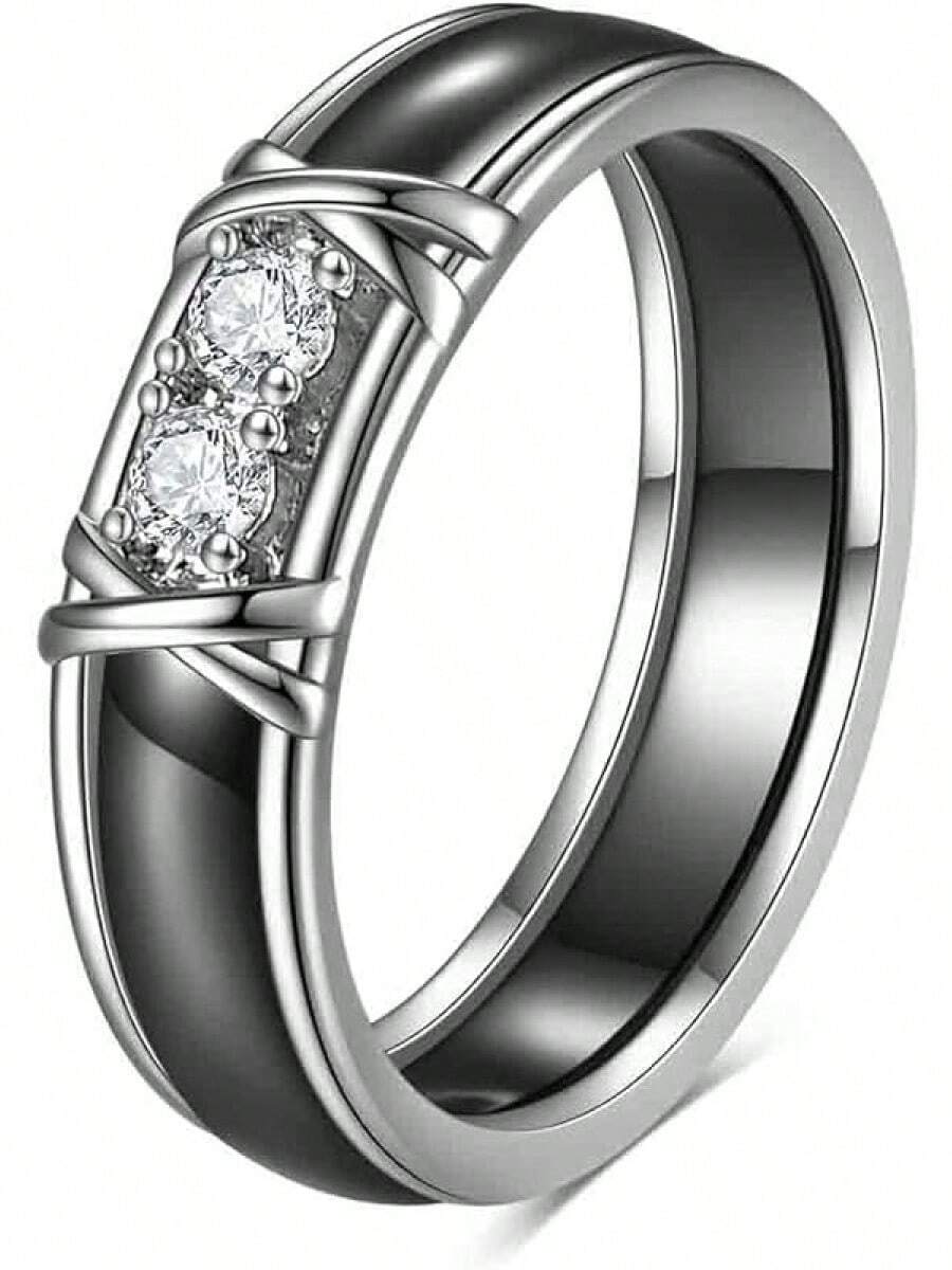 6mm White/Black Ceramic Rings Plus Cubic Zirconia For Women Comfort Fit Engagement Wedding Band Size 5-122025 - 5mm Black - View 1