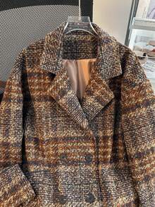 女士宽松格子翻领纽扣休闲长袖外套，带口袋，适合秋、冬、春季穿着。