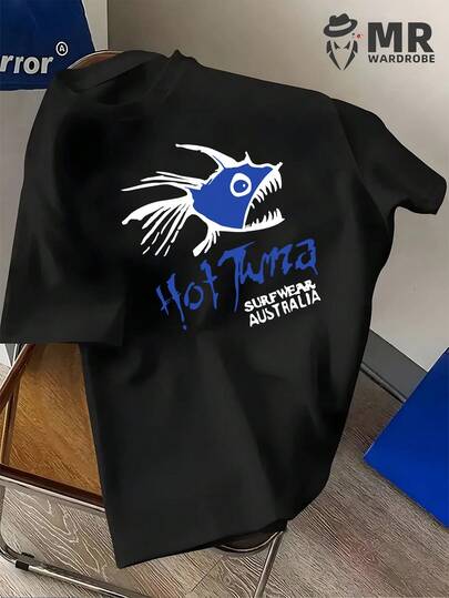 American Retro Surf Style!Hot Tuna Print White Short-Sleeve T-Shirt, An Australian Streetwear Brand Tee For Men, Perfect For Summer Casual Wear, Featuring A Round Neck And Loose Fit, Ideal For Everyday Leisure And Sports, Knit