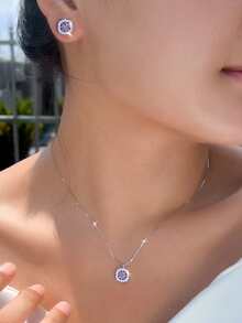 1 Set Genuine 925 Sterling Silver Amethyst Purple Cubic Zirconia Engagement Pendant Necklace Jewelry Set For Women, Festival/Anniversary Gift - Purple - View 3