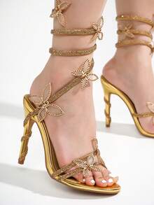 Bitnari Rhinestone Ankle Wrap High Heels - 金色 - 查看 4