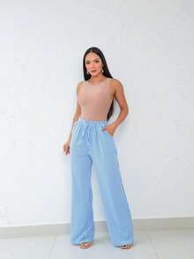 Wide Leg Striped Elastic Palazzo Pants With Pockets - 藍色 - 查看 2