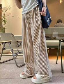 Wide Leg Striped Elastic Palazzo Pants With Pockets - Coffee Brown - View 3